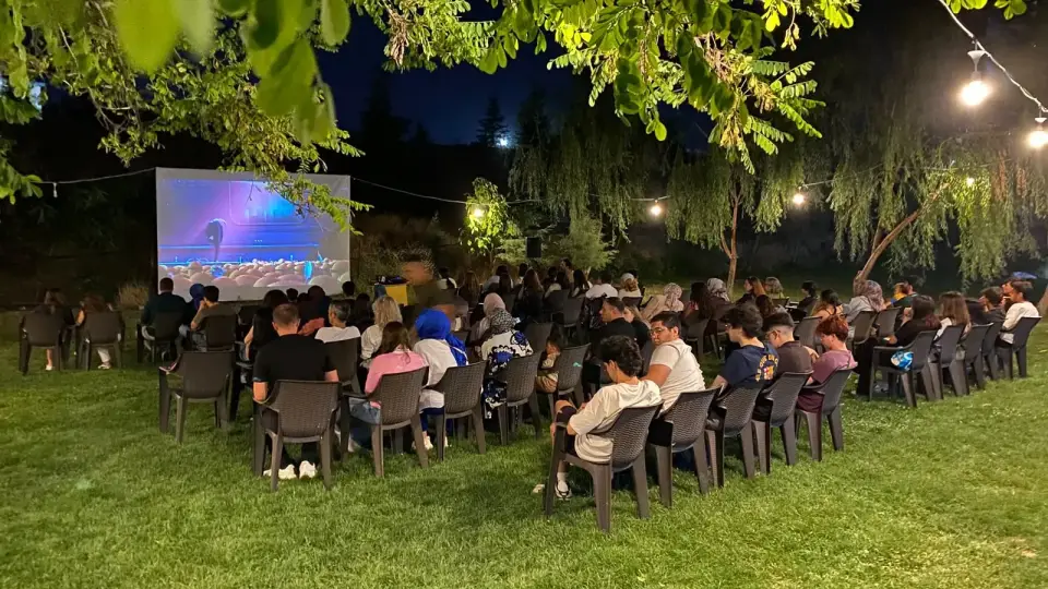 Gece açık hava sineması ve seyirciler